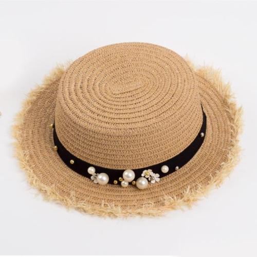 Női szalmakalap, nyári, tavaszi utazó kalapok, laza, gyöngyös, strand szalmakalap