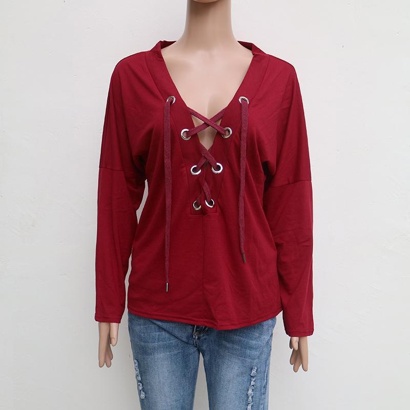 Divatos női hosszú ujjú laza blúz nyári V-nyakú kötött felső
