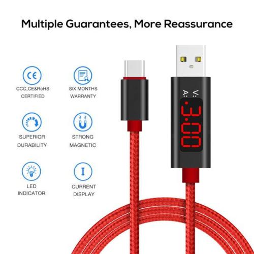 QC 3.0 Gyors töltés USB feszültség és áram kijelzése, 1M fonatos Nylon kábel C-tipusú IOS-ra és Androidra