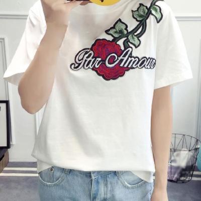 Rózsa Virágmintás Hímzés Női pólók Alkalmi Vicces pólók Lady Top Tee Női Virág Blúz