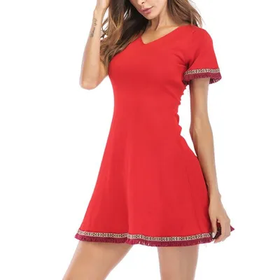 Női Vintage Kötött Ruha V-nyakú Vissza Strap rövid ujjú Derék ruha