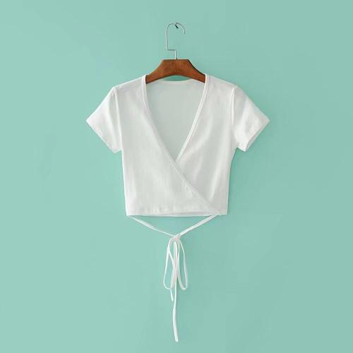 Nyári, szexi, V-nyakú, kötött női top, rövid ujjú, kivágott felső, crop top, fehér tank top