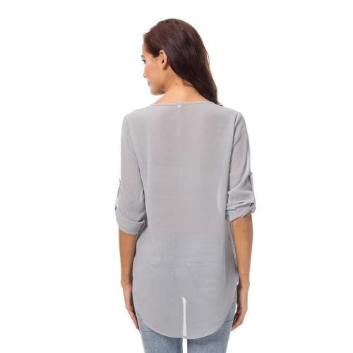 Női felsők alkalmi laza blúz V-nyakú cippzáros pulóver chiffon felsők