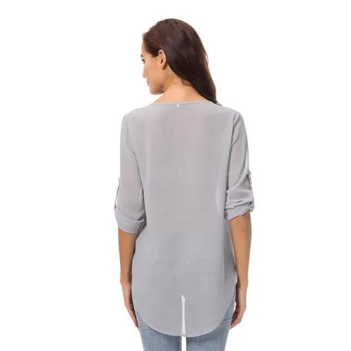 Női felsők alkalmi laza blúz V-nyakú cippzáros pulóver chiffon felsők