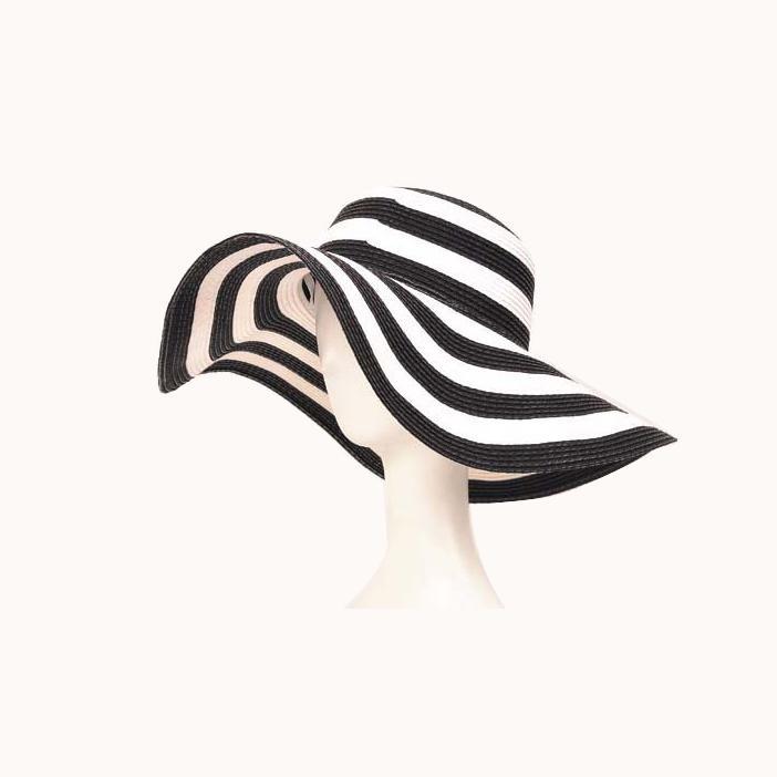 Csíkos női szalmakalap, kültéri kalap, széles szalma stand kalap