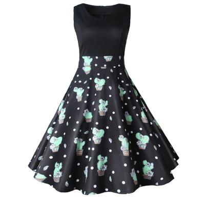 Nő Retro Nagy Swing Dress Vintage Cactus mintás öltözködési ruha
