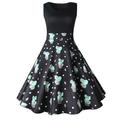 Nő Retro Nagy Swing Dress Vintage Cactus mintás öltözködési ruha