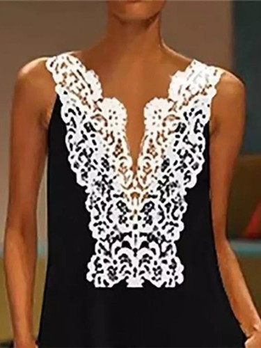 Retro V-Neck Lace Stitching Sleeveless Dress