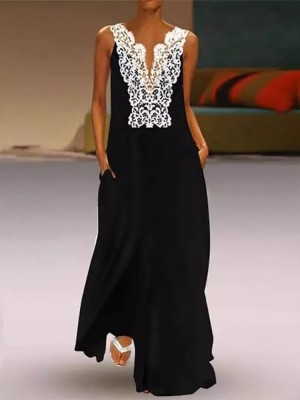 Retro V-Neck Lace Stitching Sleeveless Dress