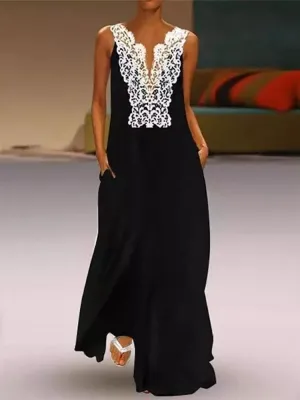 Retro V-Neck Lace Stitching Sleeveless Dress