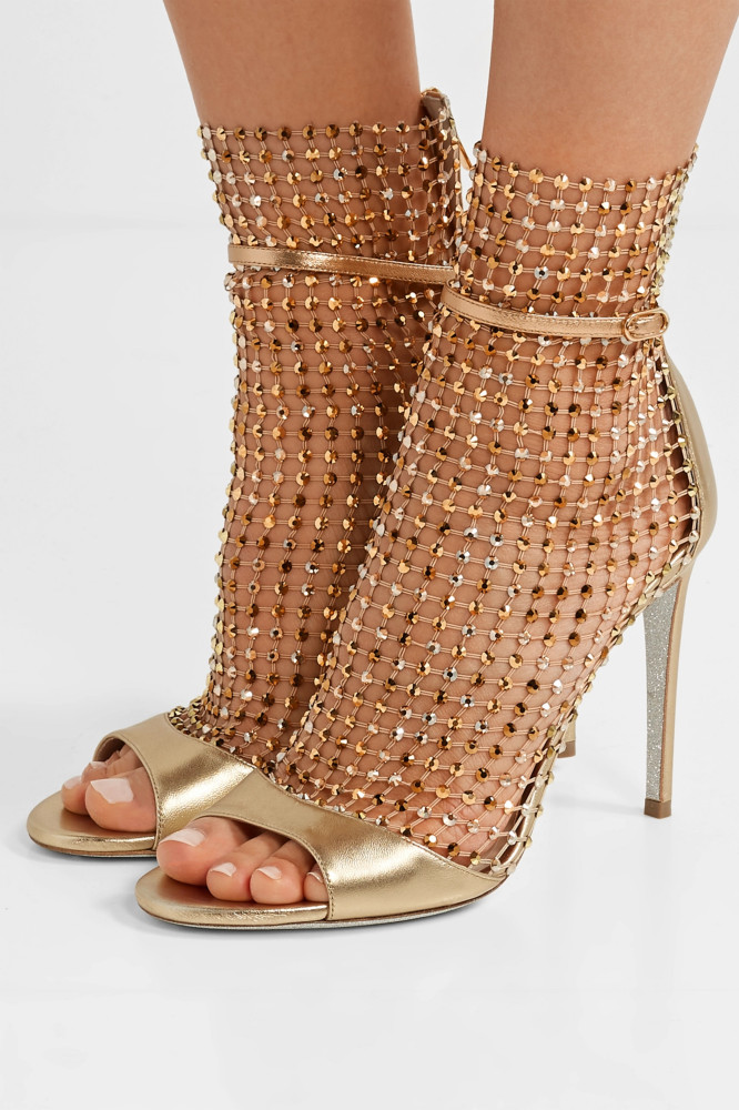 RENÉ CAOVILLA Crystal-embellished mesh and metallic leather sandals