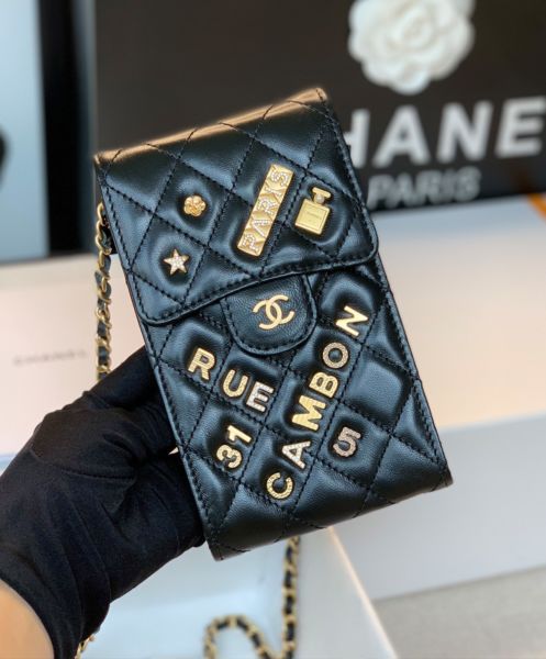 Chanel Phone Holder With Chain Black