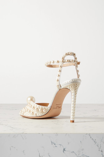 JIMMY CHOO Sacora 100 faux pearl-embellished satin sandals