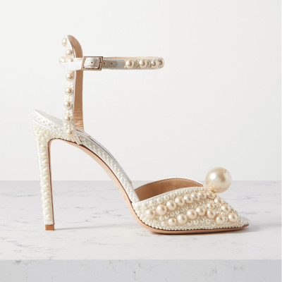 JIMMY CHOO Sacora 100 faux pearl-embellished satin sandals