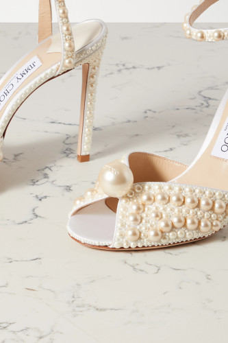 JIMMY CHOO Sacora 100 faux pearl-embellished satin sandals