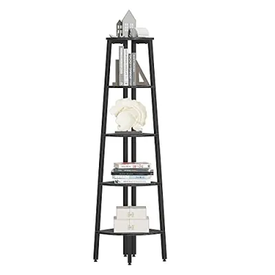 CubiCubi Ladder Shelf, 5-Tier Corner Shelf Stand, Small Space Storage Rack Shelves, Plant Flower Stand, Multipurpose Organizer Rack, Industrial Metal Frame Furniture Black Marble