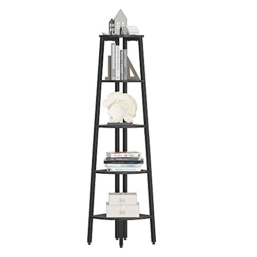 CubiCubi Ladder Shelf, 5-Tier Corner Shelf Stand, Small Space Storage Rack Shelves, Plant Flower Stand, Multipurpose Organizer Rack, Industrial Metal Frame Furniture Black Marble