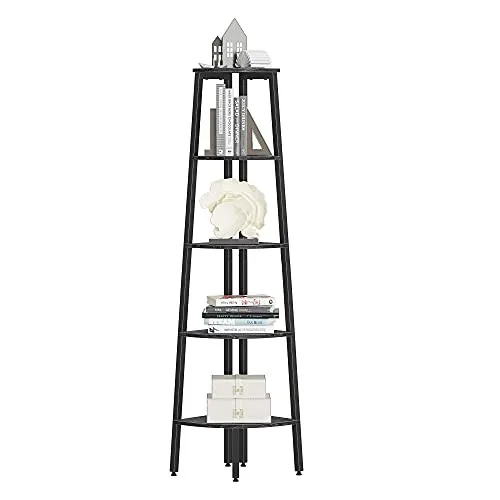 CubiCubi Ladder Shelf, 5-Tier Corner Shelf Stand, Small Space Storage Rack Shelves, Plant Flower Stand, Multipurpose Organizer Rack, Industrial Metal Frame Furniture Black Marble