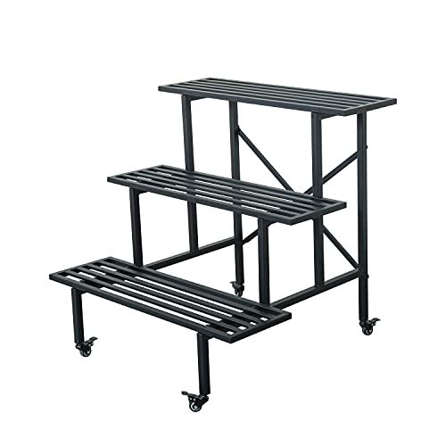 Metal Plant Stand Outdoor Indoor Flower Pot 3-Tier Display Rack Plants Ladder with Wheels Multifunctional Home Shelves, Black (35.4 inches)