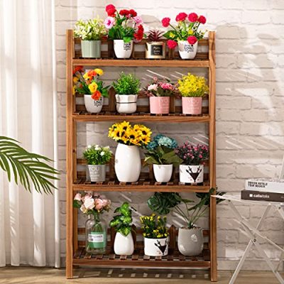 Praktiban 4-Tier Plant Stand, Ladder Shelf Rack, Flower Pot Holder Display Shelf, Multifunctional Display Stand for Home, Balcony, Carbonized Shelf