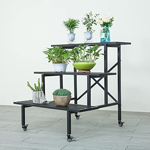 Metal Plant Stand Outdoor Indoor Flower Pot 3-Tier Display Rack Plants Ladder with Wheels Multifunctional Home Shelves, Black (35.4 inches)