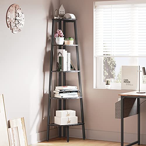 CubiCubi Ladder Shelf, 5-Tier Corner Shelf Stand, Small Space Storage Rack Shelves, Plant Flower Stand, Multipurpose Organizer Rack, Industrial Metal Frame Furniture Black Marble