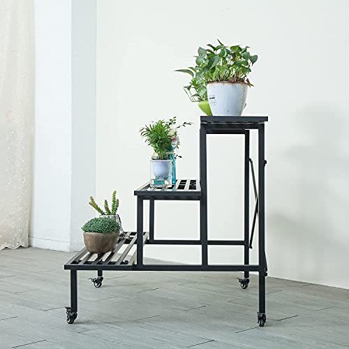 Metal Plant Stand Outdoor Indoor Flower Pot 3-Tier Display Rack Plants Ladder with Wheels Multifunctional Home Shelves, Black (35.4 inches)