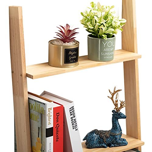PARANTA Wooden 5-Tier Ladder Shelf Bookshelf, Wall-Leaning Bookcase, Plant Flower Stand, Corner Display Rack for Living Room Bathroom Office, Natural