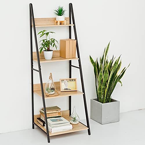 C-Hopetree 4 Tier Bookcase, Bookshelf, Ladder Shelf, Plant Stand with Black Metal Frame