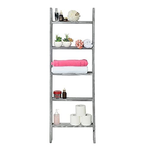 Liry Products Rustic Stone Gray Wood Wall Leaning Ladder Wooden Display Rack 4.5 Feet Blanket Quilt Scarf Towel Laundry Decor 5 Rungs Farmhouse Country Style Home Bathroom Kitchen Bedroom Living Room