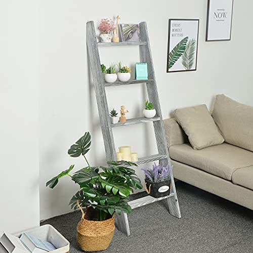 Liry Products Rustic Stone Gray Wood Wall Leaning Ladder Wooden Display Rack 4.5 Feet Blanket Quilt Scarf Towel Laundry Decor 5 Rungs Farmhouse Country Style Home Bathroom Kitchen Bedroom Living Room