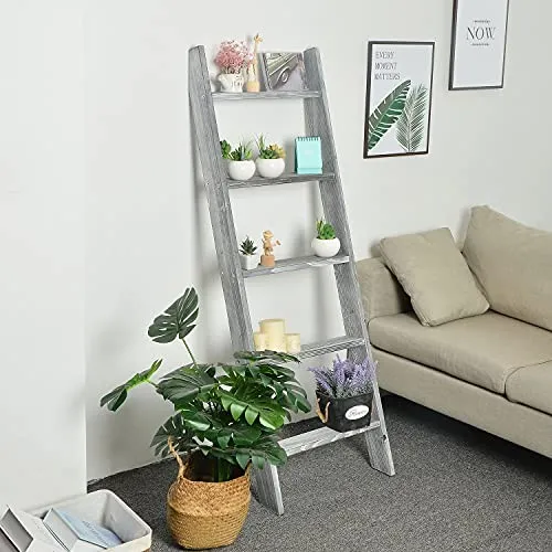 Liry Products Rustic Stone Gray Wood Wall Leaning Ladder Wooden Display Rack 4.5 Feet Blanket Quilt Scarf Towel Laundry Decor 5 Rungs Farmhouse Country Style Home Bathroom Kitchen Bedroom Living Room