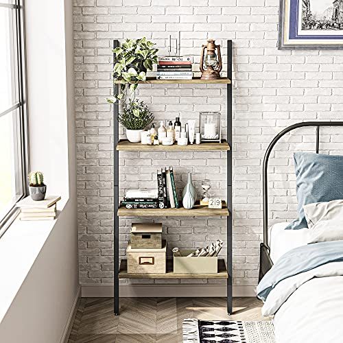 CubiCubi Ladder Shelf, Leaning Shelf, 4-Tier Bookshelf, Storage Rack Shelves, Plant Flower Stand, Multipurpose Organizer Rack, Industrial Metal Frame Furniture Grey Brown