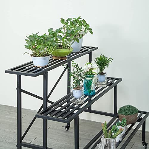 Metal Plant Stand Outdoor Indoor Flower Pot 3-Tier Display Rack Plants Ladder with Wheels Multifunctional Home Shelves, Black (35.4 inches)