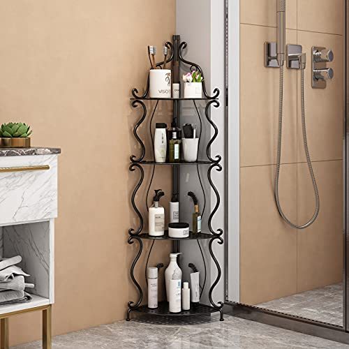 CNNINGYI Tall Matel Corner Shelf, 4 Tier Modern Corner Bookshelf Industrial Corner Ladder Shelf Small Bookcase Plant Stand for Living Room, Kitchen, Home Office (Black)