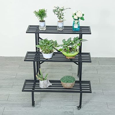 Metal Plant Stand Outdoor Indoor Flower Pot 3-Tier Display Rack Plants Ladder with Wheels Multifunctional Home Shelves, Black (35.4 inches)