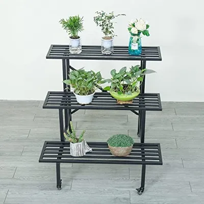 Metal Plant Stand Outdoor Indoor Flower Pot 3-Tier Display Rack Plants Ladder with Wheels Multifunctional Home Shelves, Black (35.4 inches)
