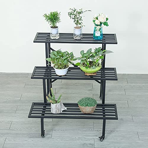 Metal Plant Stand Outdoor Indoor Flower Pot 3-Tier Display Rack Plants Ladder with Wheels Multifunctional Home Shelves, Black (35.4 inches)