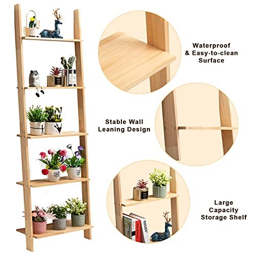 PARANTA Wooden 5-Tier Ladder Shelf Bookshelf, Wall-Leaning Bookcase, Plant Flower Stand, Corner Display Rack for Living Room Bathroom Office, Natural