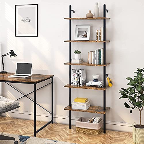 Bestier 70  Wall-Mounted Ladder Shelf 5 Tier Bookshelf with Storage Organizer Plant Flower Display Stand Bookcase Rack with 2 Hooks for Home Office, Rustic Brown