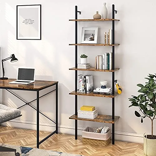 Bestier 70  Wall-Mounted Ladder Shelf 5 Tier Bookshelf with Storage Organizer Plant Flower Display Stand Bookcase Rack with 2 Hooks for Home Office, Rustic Brown