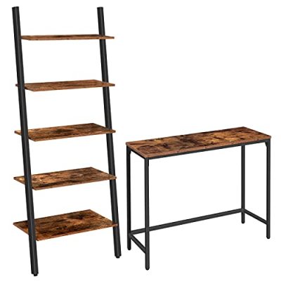 HOOBRO Console Table and Ladder Shelf Bundle, Sofa Table with Adjustable Support Bar, 5-Tier Sloping Bookshelf, Plant Flower Stand Shelves for Living Room, Kitchen, Office Rustic Brown BF30XG-BF70CJ01