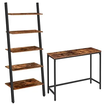HOOBRO Console Table and Ladder Shelf Bundle, Sofa Table with Adjustable Support Bar, 5-Tier Sloping Bookshelf, Plant Flower Stand Shelves for Living Room, Kitchen, Office Rustic Brown BF30XG-BF70CJ01