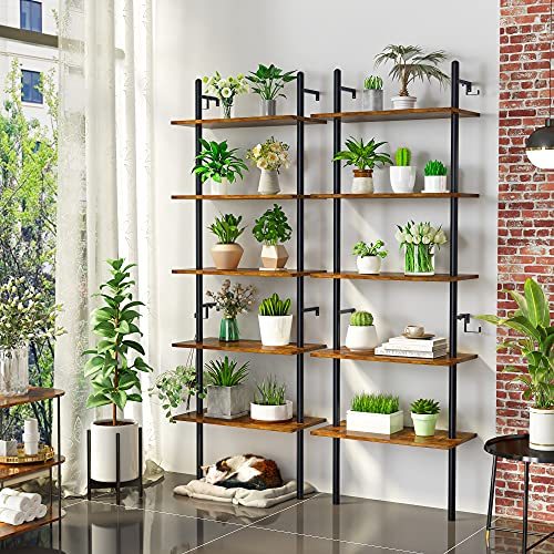 Bestier 70  Wall-Mounted Ladder Shelf 5 Tier Bookshelf with Storage Organizer Plant Flower Display Stand Bookcase Rack with 2 Hooks for Home Office, Rustic Brown