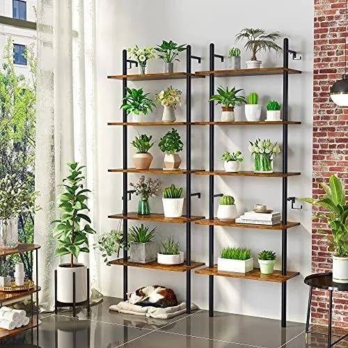 Bestier 70  Wall-Mounted Ladder Shelf 5 Tier Bookshelf with Storage Organizer Plant Flower Display Stand Bookcase Rack with 2 Hooks for Home Office, Rustic Brown