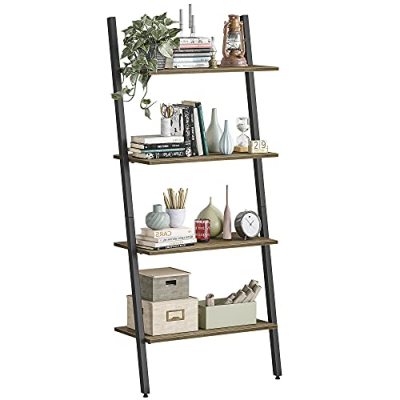 CubiCubi Ladder Shelf, Leaning Shelf, 4-Tier Bookshelf, Storage Rack Shelves, Plant Flower Stand, Multipurpose Organizer Rack, Industrial Metal Frame Furniture Grey Brown