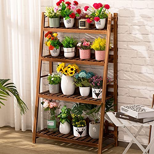 Praktiban 4-Tier Plant Stand, Ladder Shelf Rack, Flower Pot Holder Display Shelf, Multifunctional Display Stand for Home, Balcony, Carbonized Shelf