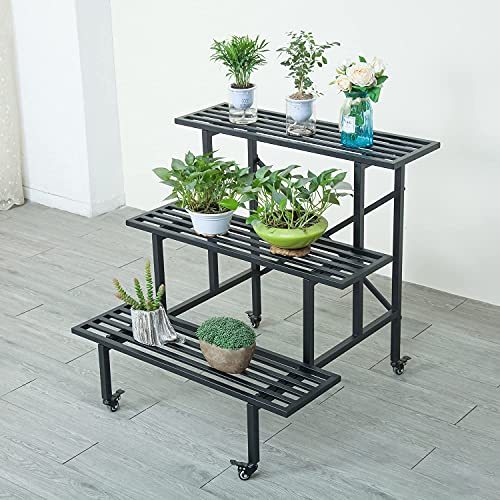 Metal Plant Stand Outdoor Indoor Flower Pot 3-Tier Display Rack Plants Ladder with Wheels Multifunctional Home Shelves, Black (35.4 inches)