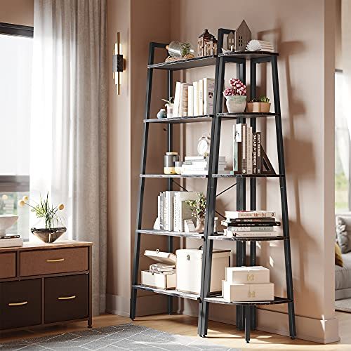 CubiCubi Ladder Shelf, 5-Tier Corner Shelf Stand, Small Space Storage Rack Shelves, Plant Flower Stand, Multipurpose Organizer Rack, Industrial Metal Frame Furniture Black Marble