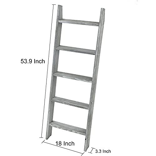Liry Products Rustic Stone Gray Wood Wall Leaning Ladder Wooden Display Rack 4.5 Feet Blanket Quilt Scarf Towel Laundry Decor 5 Rungs Farmhouse Country Style Home Bathroom Kitchen Bedroom Living Room